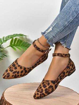 Women Leopard Buckle Design Pointed Toe Flat Shoes, Elegant Black Faux Suede Ankle Strap Shoes For Spring And Autumn,Ballet Flats