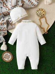 SHEIN New Spring/Autumn Baby Boys' Casual  Elegant Style Printed Long-Sleeved Comfortable Jumpsuit With Cap Set - White - View 2