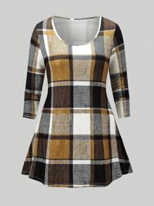 EMERY ROSE 大码格纹圆领上衣和纯色裤子两件套 - 彩色 - 查看 5