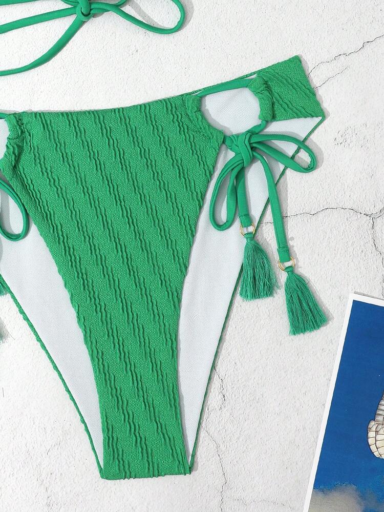 Women Tie-Strap Texture Detail Spaghetti Strap Summer Beach Bikini Set Separate Bikini Set