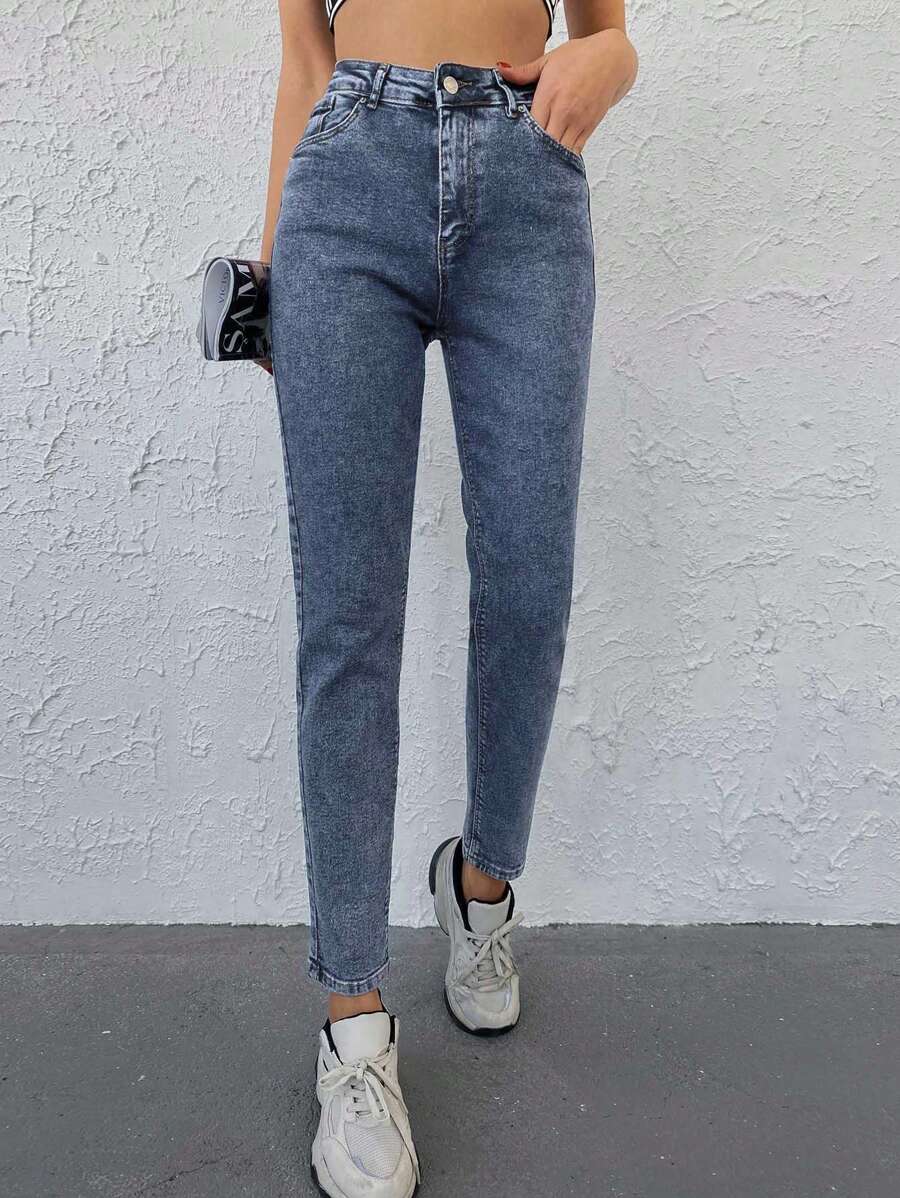 SHEIN Cottnline 女式緊身牛仔褲 - 深色水洗藍 - 查看 1