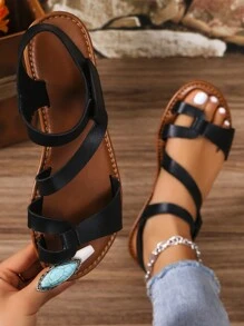 Black Round Toe Women Flat Sandals, Comfortable Flat Slippers For Ladies