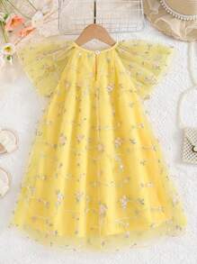 SHEIN Glamorique Kids Young Girls Mother's Day Flower Girl Summer  Flower Dress Embroidery Princess Dress Doll A-Line Birthday Gift Party Holiday Summer Dress Mexican Children's Day Dopamine Skirt - Yellow - View 2