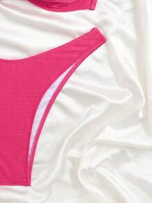 SHEIN Swim Solid Color Textured Hollow Out Pleated Faux Pearl Chain Detail Halter Bikini , Summer Beach - Hot Pink - View 5