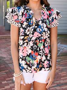 Trang phục mùa hè cho nữ: Áo kiểu boho họa tiết hoa, tay bồng, cổ chữ V buộc dây. - Nhiều màu - Xem 3