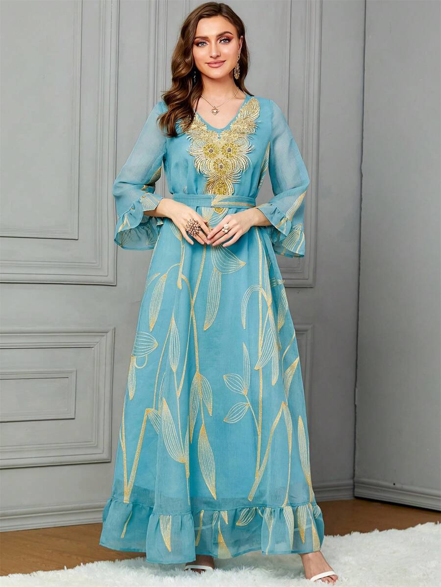 SISKAKIA Botanical Applique Decor Flare Sleeve Arabic Style Dress - Blue - View 1