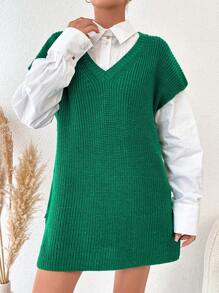 SHEIN 1pc Solid V Neck Sweater Vest - Green - View 4