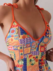 SHEIN Swim 夏日海灘女士水果印花一件式泳裝，帶有包邊和肩帶，適用於渡假 - 彩色 - 查看 5