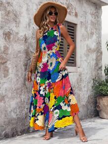 SHEIN Holidaya 花卉印花单肩连衣裙，收腰荷叶边下摆，适合夏季超长度假海滩装女士 - 藏蓝色 - 查看 6