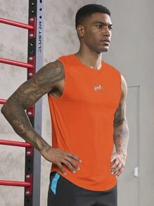 Manfinity Sport Corelite Boyfriend Style Men's Barbell Print Sports Tank Top Workout Tops - Orange - View 5