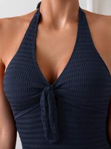 SHEIN Swim Bãi biển mùa hè dành cho nữ màu trơn dây buộc áo tắm một mảnh thông thường cho kỳ nghỉ - Màu xanh hải quân - Xem 6