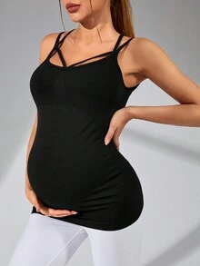 SHEIN Áo ba lỗ có dây đeo chéo dành cho bà bầu đơn giản màu trơn - màu đen - Xem 5
