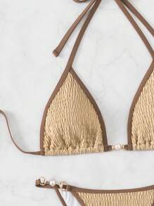 SHEIN Swim Women's Color Block Halter Neck Tie Two-Piece Bikini Set Summer Beach - Khaki - View 6