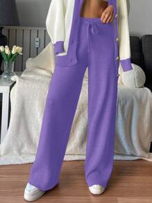 EURMUSE Color-block Drop Shoulder Sweater Cardigan And Solid Color Wide Leg Pants Two Piece Set - Purple - View 4