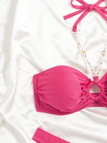 SHEIN Swim Solid Color Textured Hollow Out Pleated Faux Pearl Chain Detail Halter Bikini , Summer Beach - Hot Pink - View 3