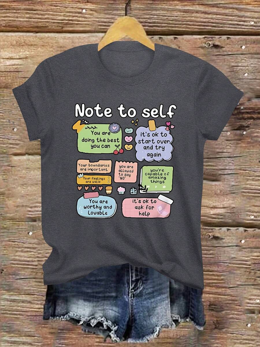 Calvaya Áo thun nữ cổ tròn tay ngắn in chữ cỡ lớn mùa hè thường ngày Note To Self Graphic Tees - Màu xám đen - Xem 1