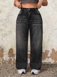 SHEIN ICON 大尺碼休閒時尚貓鬚款斜口袋直筒牛仔褲，洗水處理完成 - 黑色 - 查看 3