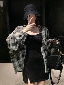 女士格子印花休闲长袖衬衫，随机剪裁，长袖上衣