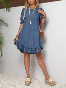 EMERY ROSE Women Simple Round Neck Denim Dress With Ruffle Trim - Medium Wash - View 3