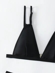 SHEIN Swim 度假纯色镂空分体比基尼套装带肩带夏季海滩 - 黑色 - 查看 3