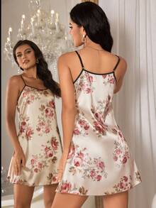 Váy ngủ giả lụa in hoa cho mùa hè - Màu be - Xem 2