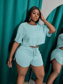 Slaydiva Slayr 加大码纯色抽绳开衩两件套夏季套装 - 薄荷綠 - 查看 9