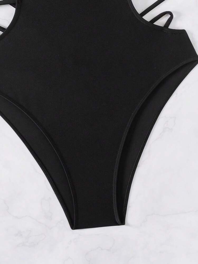 Ladies Solid Color Hollow Out Halter Neck Backless Monokini Swimsuit Summer
