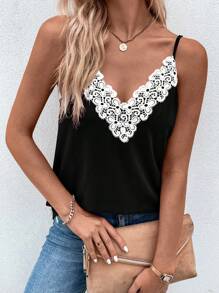 SHEIN LUNE Contrast Guipure Lace Cami Top - Black - View 5