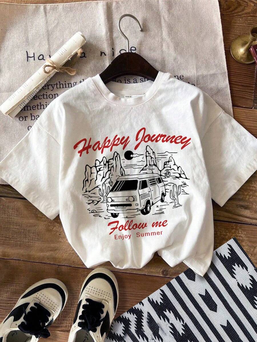 Attitoon Casual Minimalist Car, Cactus, Western Design Round Neck Loose Short Sleeve T-Shirt For Women