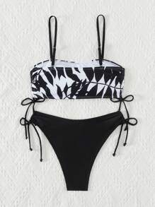 SHEIN Swim Leaf Printed Side Tie Bikini Set Top With Spaghetti Straps And Triangle Bikini Set Bottom Summer Beach Two Pieces Bikini Set, Random Print - Black and White - View 7