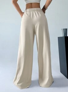 SHEIN EZwear Pantalon large pour femme de couleur unie avec poches et bande en ceinture ajustable