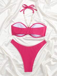 SHEIN Swim Solid Color Textured Hollow Out Pleated Faux Pearl Chain Detail Halter Bikini , Summer Beach - Hot Pink - View 2