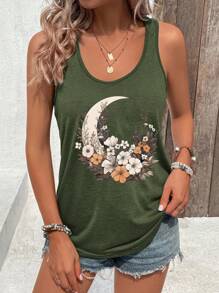 INAWLY 月亮圖案休閒女士春夏坦克頂 - 軍綠色 - 查看 3