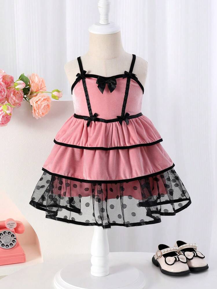 Baby Girl Mesh Contrast Layered Spaghetti Strap Dress