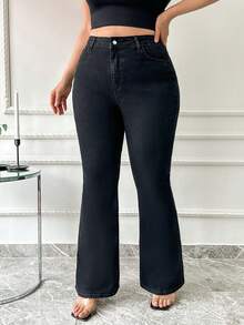 SHEIN Cottnline Plus High Waist Flare Leg Jeans - الأسود - مشاهدة 4