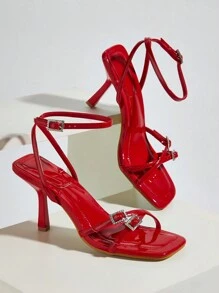 Wedding Party Vacation Sexy Red Open Toe Ankle Strap Buckle Belt Buckle Thin Heeled High Heel Sandals Valentines - Red - View 2