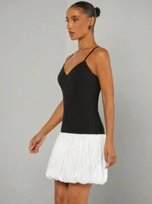 Hauture Colorblock Ruched Bubble Hem Dress - Black and White - View 3
