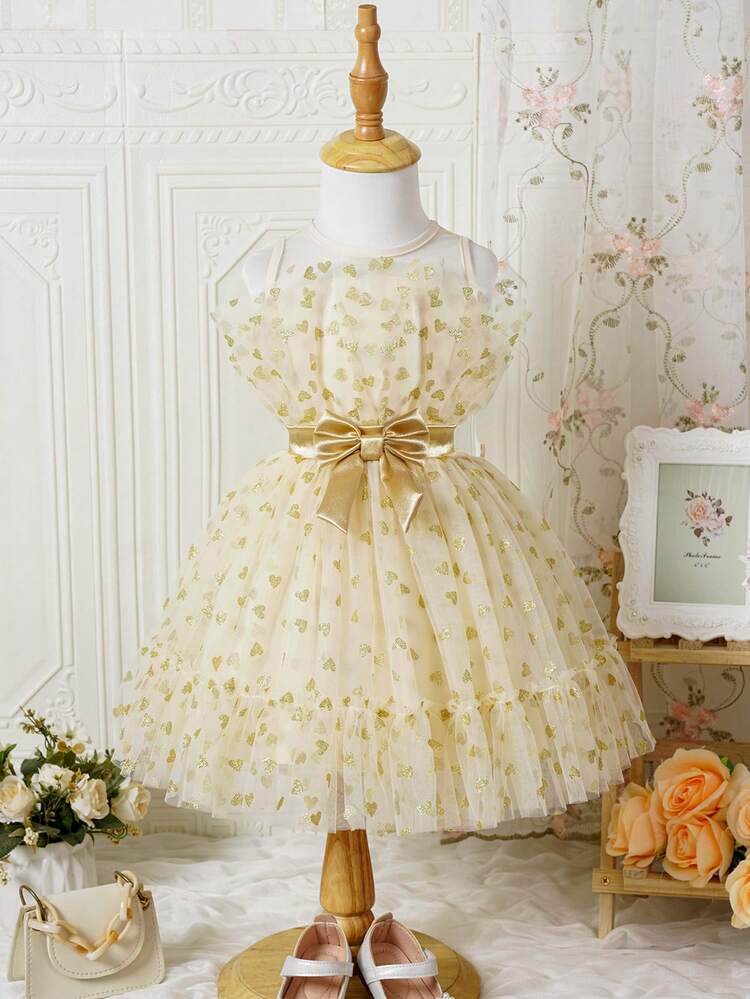 Baby Girl's Elegant Multilayered Mesh Dress With Heart Pattern And Bowknot Waistband