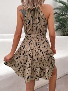 休闲豹纹荷叶边挂脖连衣裙 - 卡其色 - 查看 2