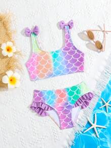 年轻女孩美人鱼鳞片印花比基尼套装，带蝴蝶结夏季海滩 - 淡紫色 - 查看 5