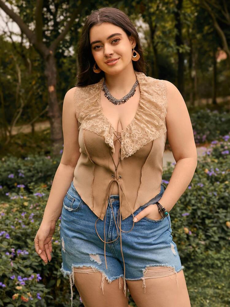 Lace Neck Tie Plus Size Shirt