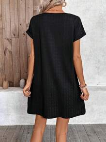 SHEIN LUNE Vestido negro con cuello redondo, hombro caído y textura - Negro - Ver 2