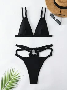 SHEIN Swim 度假纯色镂空分体比基尼套装带肩带夏季海滩 - 黑色 - 查看 4
