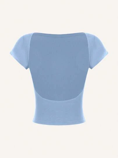 SHEIN MOD Sexy Casual Simple Off Shoulder Short Sleeve Backless Hollow Fitted Women T-Shirt, Summer Suitable For Going Out