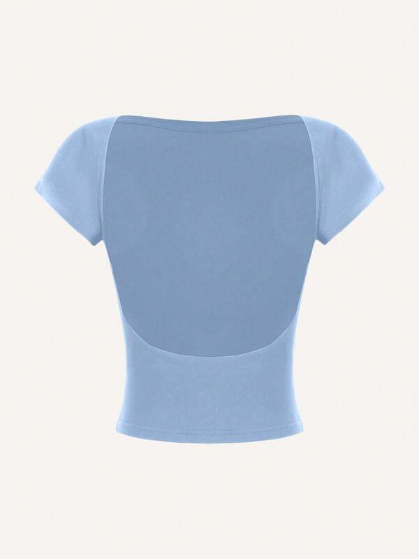 SHEIN MOD Sexy Casual Simple Off Shoulder Short Sleeve Backless Hollow Fitted Women T-Shirt, Summer