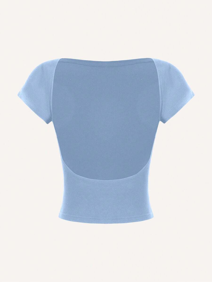 SHEIN MOD Áo thun hở vai tay ngắn hở lưng đơn giản gợi cảm, mùa hè cho nữ - Màu xanh lam - Xem 1