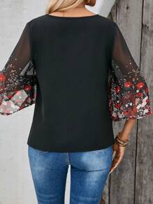 EMERY ROSE Women Floral Print Patchwork Bell Sleeve Summer Shirt