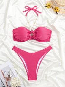 SHEIN Swim Solid Color Textured Hollow Out Pleated Faux Pearl Chain Detail Halter Bikini , Summer Beach - Hot Pink - View 6