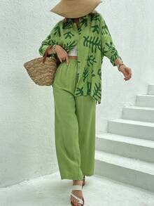 女款宽松衬衫和裤子套装 两件套 绿色印花裤套装