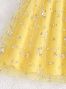 SHEIN Glamorique Kids Young Girls Mother's Day Flower Girl Summer  Flower Dress Embroidery Princess Dress Doll A-Line Birthday Gift Party Holiday Summer Dress Mexican Children's Day Dopamine Skirt - Yellow - View 6